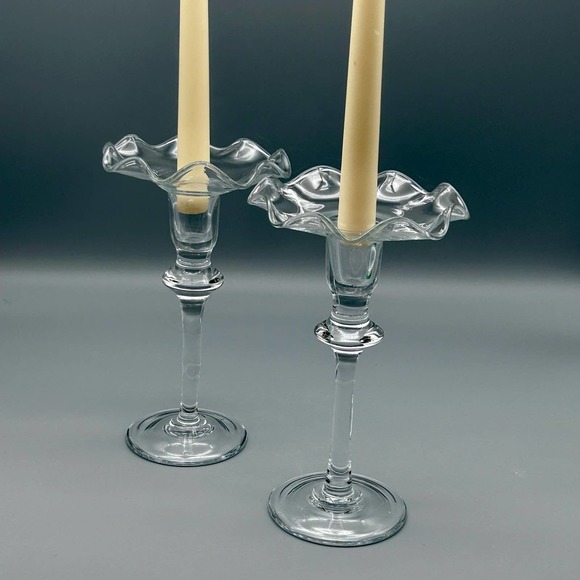 Art Glass Ruffled Taper Long stem Candlesticks 2 Piece - Picture 1 of 7